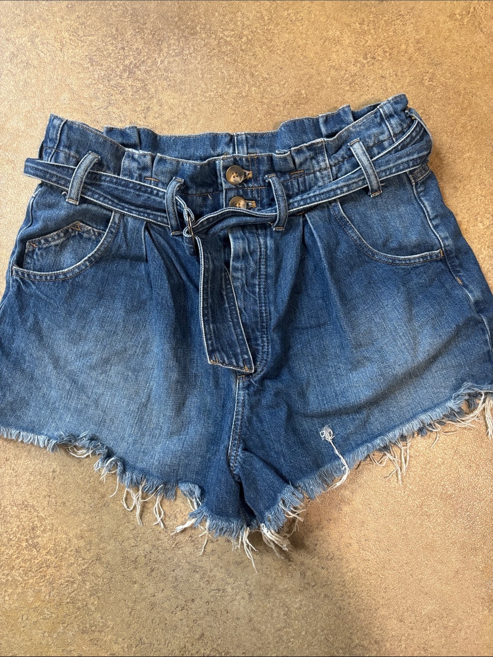 We The Free Blue Paperbag Waist Denim Shorts with Self-Tie Belt